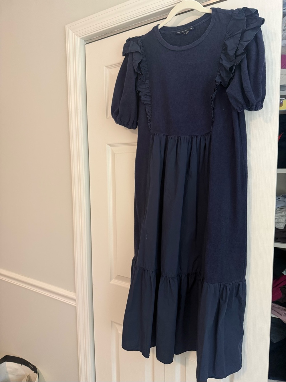 English Factory Navy Ruffle Sleeve Midi Dress